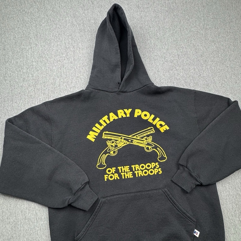 Russell Athletic Military Police Hoodie Sweatshirt Vtg USA Black Yellow